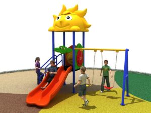 5f02daae-b25f-4a2b-8281-dbff8343abef "Group playset with a double slide and two swings."