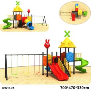 c7860f3d-4174-474f-9d79-2c2868be6179 "Playset with a double slide, a spiral slide, and three swings"